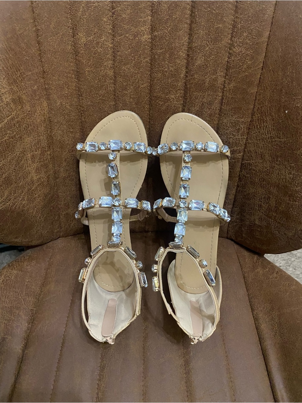 Bejeweled Nude T-Strap Women's Sandals